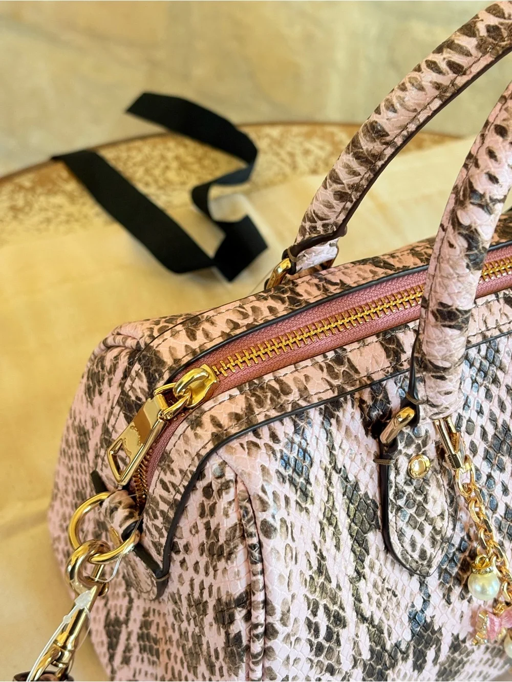 Coach Pink Snake-Print Satchel with Matching Wallet and Charm Chain